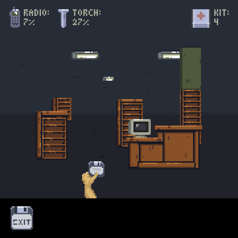 First-person game mockup: a dark room with shelves, a computer and a hand holding a floppy disk