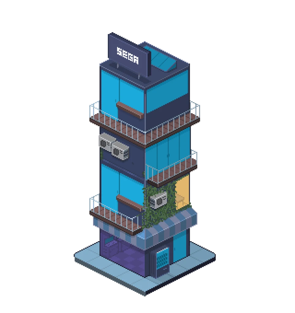 Isometric pixel art building with balconies, air conditioners and a blinking sign on the roof