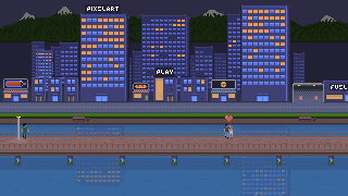 Roman's platformer city: the far buildings and mountains are darker, bluer and simpler than the near ones