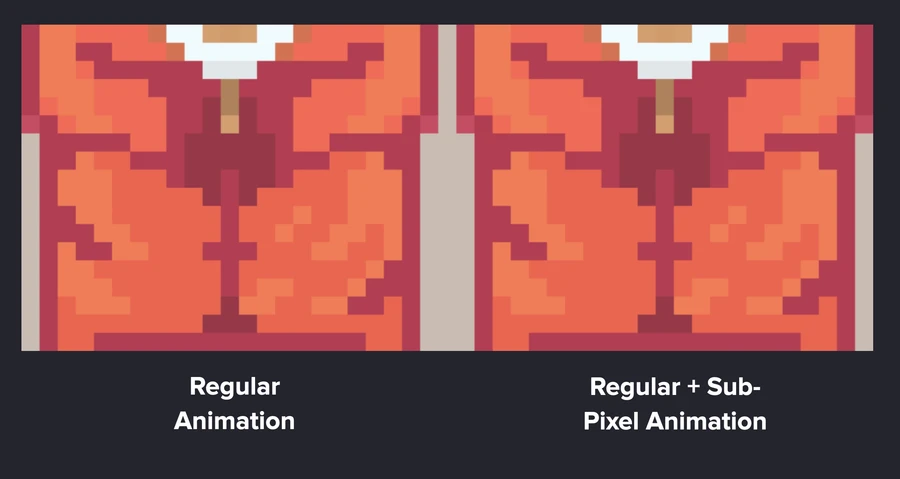 Roman's slide: the sage's robe up close, regular animation on the left, with sub-pixel trails of neighbor colors on the right