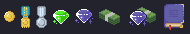 Pixel art item icons: a coin, gold and silver medals, a green and a purple diamond, cash, a loot pile and a book