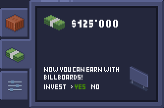 The message screen: the cash balance and a message offering billboards, invest yes or no