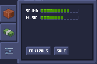 The controls screen: sound and music bars and two buttons, controls and save