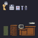 The sprite set behind the first-person scene: a column, a cabinet, a desk, a PC, a lamp, a hand with a floppy disk, med packs, a torch and a radio