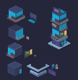 The isometric sprite set: building blocks, a roof window, a banner, air conditioners, a table, a green wall, a soda machine, an arcade, a tent and tiles