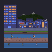 The sprite set behind the platformer scene: mountains, water, road and tracks, a bridge, characters, skyscrapers, an arcade, apartments, a hot dog stand and a wine shop