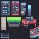 The sprite set behind the RPG scene: an escalator, a grating, desks, PCs, chairs, bushes, pavement, a cooler, an arcade machine, soda and candy
