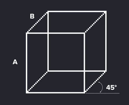 Cabinet perspective: a cube drawn in pixel lines with its angles
