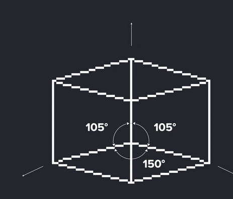 Dimetric perspective: a cube drawn in pixel lines with its angles
