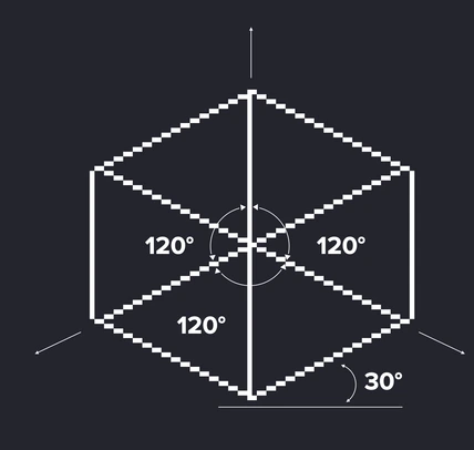 Isometric perspective: a cube drawn in pixel lines with its angles