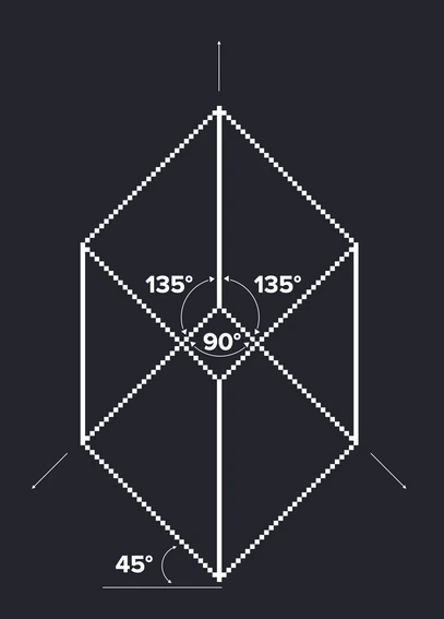 Military perspective: a cube drawn in pixel lines with its angles