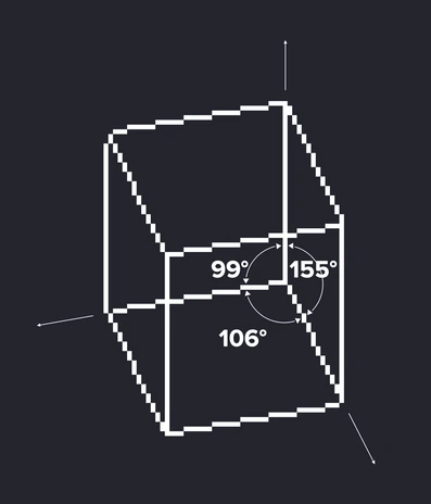 Trimetric perspective: a cube drawn in pixel lines with its angles