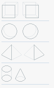 Roman's 3D shapes worksheet: a cube made of two squares, a sphere with its inner curve, a pyramid, a cylinder and a cone, drawn in light guide lines