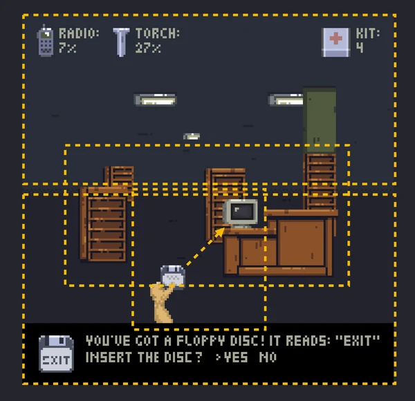 Roman's first-person mockup with the balance lines marked: the horizon across the middle and the counters at the top
