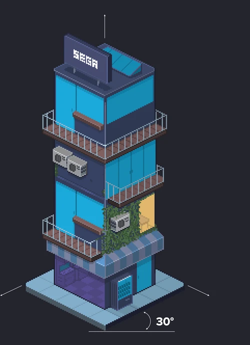 Roman's isometric building with its 30 degree angle marked