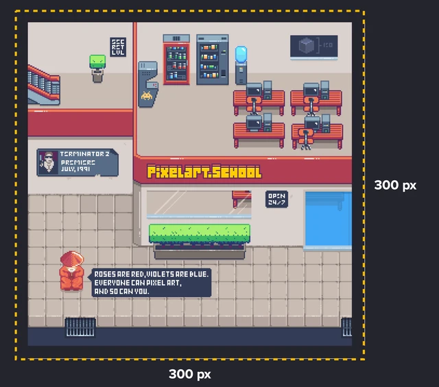 Roman's RPG mockup on a 300 by 300 pixel canvas, with the sizes marked