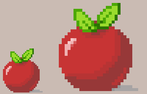 Two apples on one canvas: the small one at normal size and a copy scaled up two times, with visibly bigger pixels
