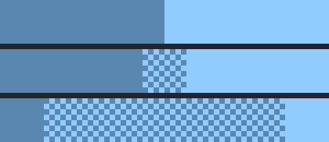 Three strips going from dark blue to light blue: a hard step, a narrow band of checkerboard dithering, and a wide aggressive dither