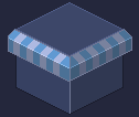 The building block with a striped blue and white awning around its top