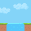 A small side view scene with grassy ground on both sides of the water and clouds in the sky