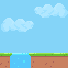 A 62 pixel parallax loop: ground with gaps over water scrolls past, clouds drift behind