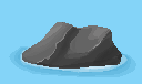 A big dark pixel art rock standing in light blue water, with a ring of lighter water around it