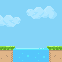 Pixel art water for a side view platformer: a light blue pool between two grassy banks under a sky with clouds
