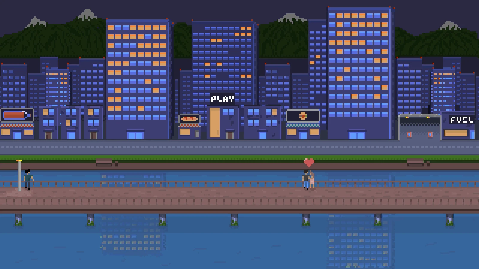 Platformer mockup: a night city by the river with mountains and skyscrapers