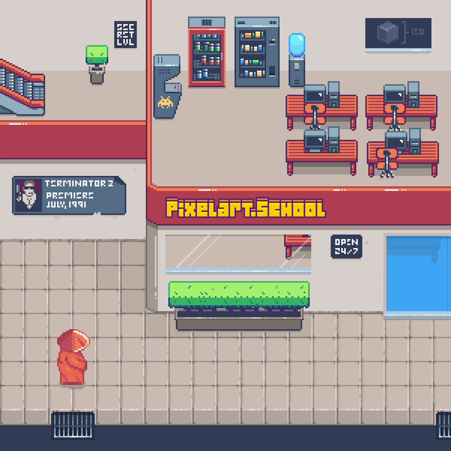 Top-down RPG mockup: a pixel art school with desks, an arcade machine and a sage in front